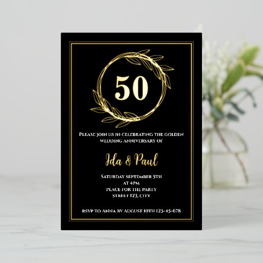 Elegant Zwart Goudblad 50e Bruiloft Jubileum Folie Uitnodiging (Staand Voorkant)