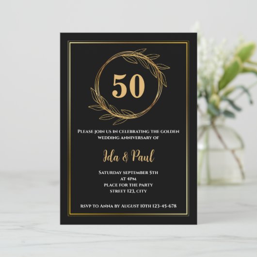 Elegant Zwart Goudblad 50e Bruiloft Jubileum Kaart (Staand voorkant)