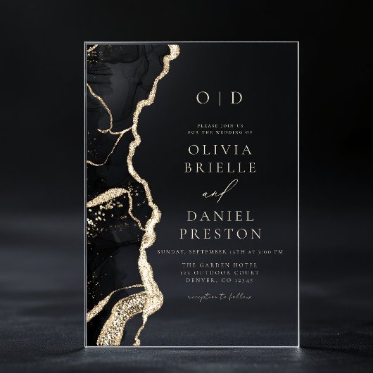 Elegant zwart gouden agaat bruiloft monogram acryl uitnodigingen