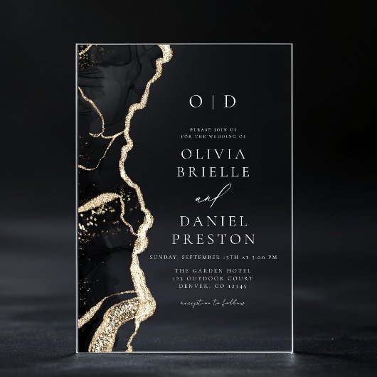 Elegant zwart gouden agaat bruiloft monogram acryl uitnodigingen