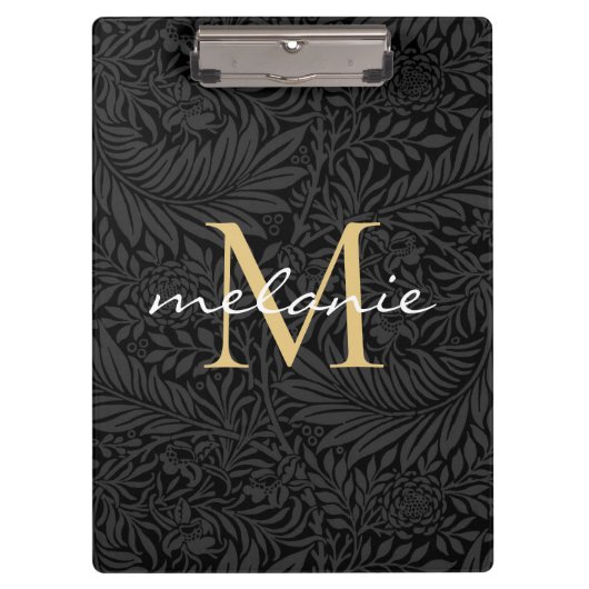 Elegant zwart gouden bloemenscript monogram klembord (Voorkant)