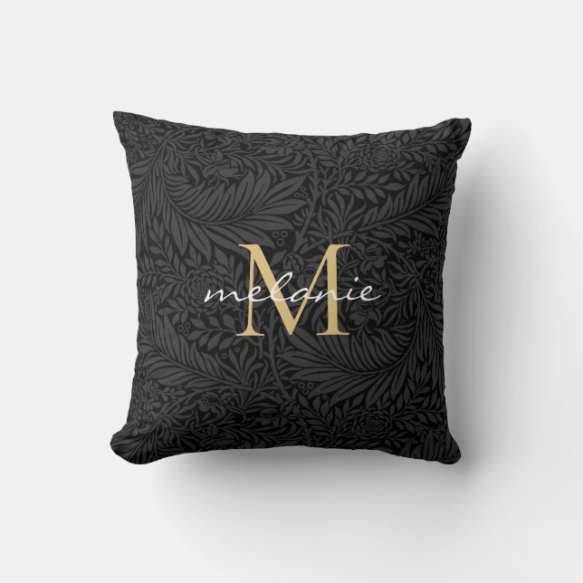 Elegant zwart gouden bloemenscript monogram kussen (Voorkant)