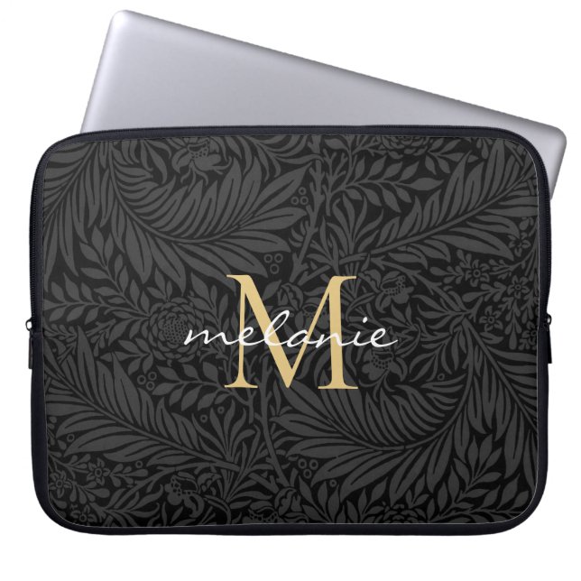 Elegant zwart gouden bloemenscript monogram laptop sleeve (Voorkant)