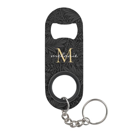 Elegant zwart gouden bloemenscript monogram mini flessenopener (Achterkant)