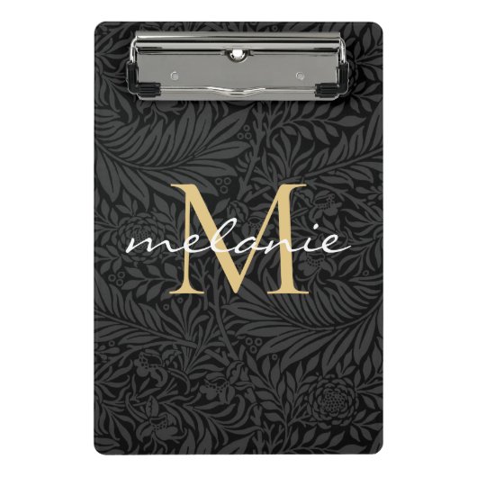Elegant zwart gouden bloemenscript monogram mini klembord (Voorkant)
