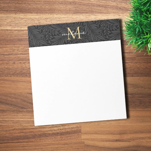 Elegant zwart gouden bloemenscript monogram notitieblok