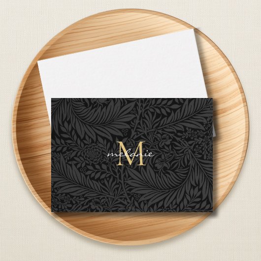 Elegant zwart gouden bloemenscript monogram notitiekaartje