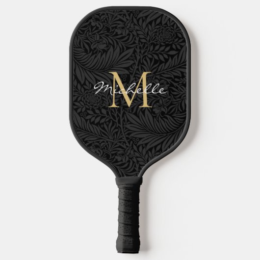 Elegant zwart gouden bloemenscript monogram pickleball paddle (Achterkant)
