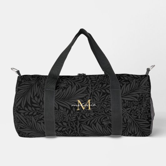Elegant zwart gouden bloemenscript monogram plunjezak (Voorkant)
