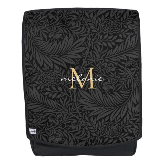 Elegant zwart gouden bloemenscript monogram rugtassen (Voorkant)