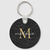 Elegant zwart gouden bloemenscript monogram sleutelhanger (Voorkant)