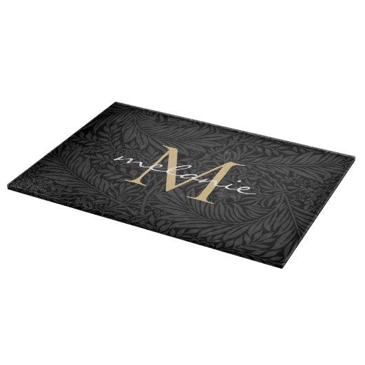 Elegant zwart gouden bloemenscript monogram snijplank (Hoek)