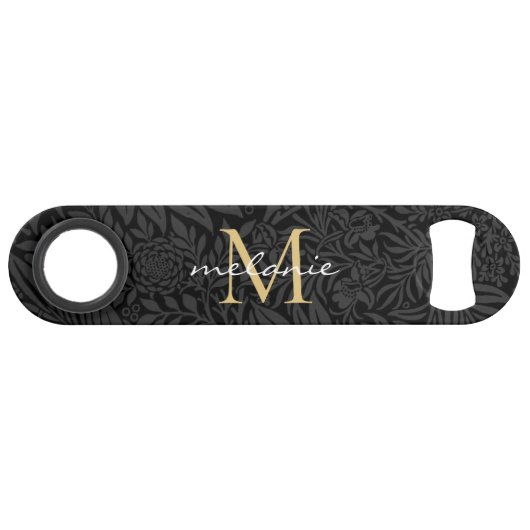 Elegant zwart gouden bloemenscript monogram speed flessenopener (Voorkant (Horizontaal))