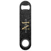 Elegant zwart gouden bloemenscript monogram speed flessenopener (Voorkant)