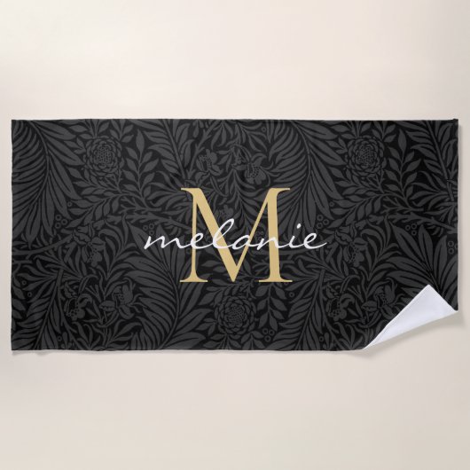 Elegant zwart gouden bloemenscript monogram strandlaken (Voorkant)