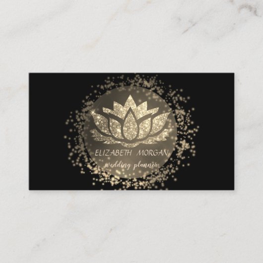 Elegant Zwart, Gouden Confetti Glitter Lotus Visitekaartje (Voorkant)