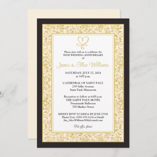 Elegant zwart, gouden filigraan, hart Jubileum (Voorkant / Achterkant)