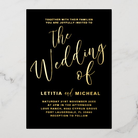 Elegant Zwart & Gouden Folie Bruiloft Folie Uitnodiging (Voorkant)