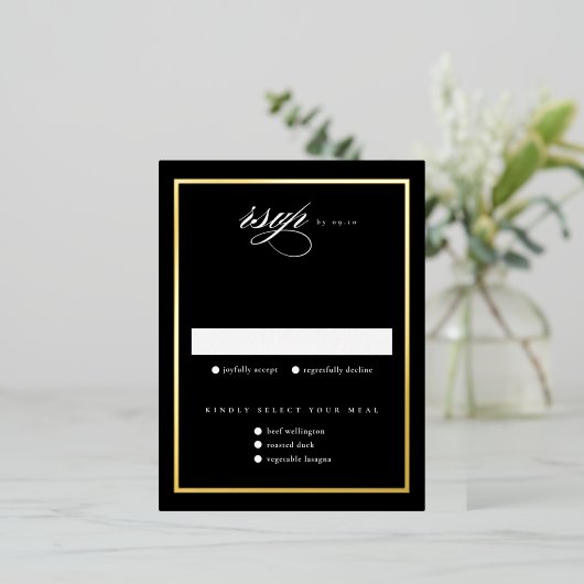 Elegant Zwart Gouden Folie Bruiloft RSVP Kaarten (Staand Voorkant)