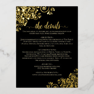 Elegant Zwart & Gouden Folie Wedding Details Kaart