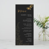 Elegant zwart gouden gebladerte bruiloft menu (Staand voorkant)