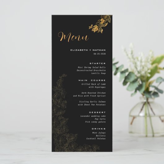 Elegant zwart gouden gebladerte bruiloft menu (Staand voorkant)