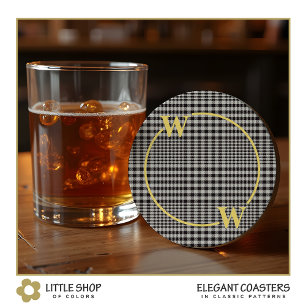 Elegant Zwart Gouden Glen Plaid Monogram Ronde Kartonnen Onderzetter