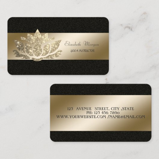 Elegant, Zwart, Gouden Glitter Lotus Visitekaartje (Voorkant / Achterkant)