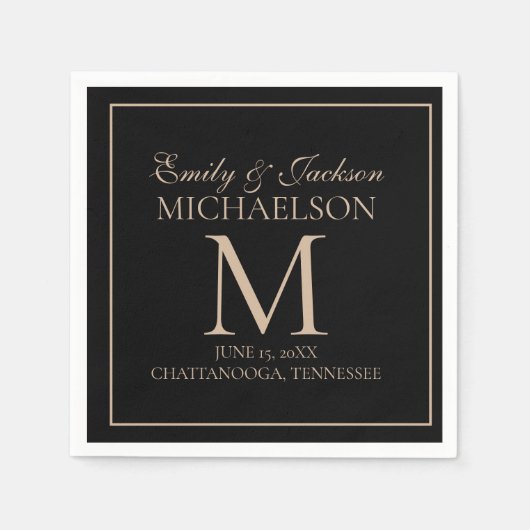 Elegant zwart gouden huwelijksmonogram servet (Voorkant)