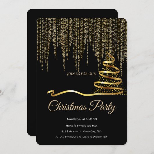 Elegant Zwart - Gouden Kerstboom Kaart (Voorkant / Achterkant)