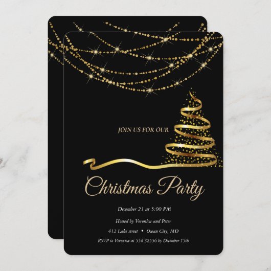 Elegant Zwart - Gouden Kerstboom Kaart (Voorkant / Achterkant)