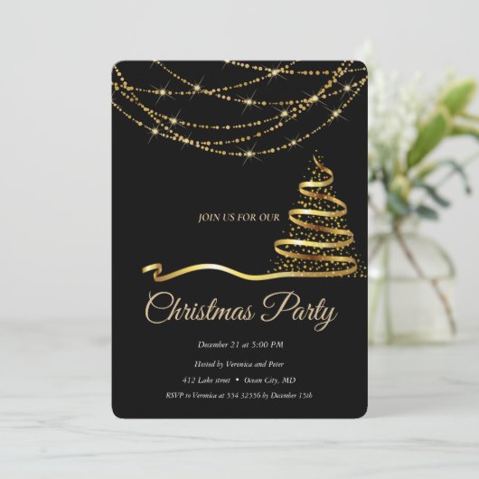 Elegant Zwart - Gouden Kerstboom Kaart (Staand voorkant)