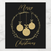 Elegant Zwart Gouden Krans Vrolijk Kerstfeest Wijn Etiket (Enkel label)