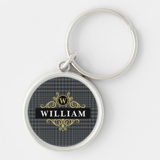 Elegant zwart gouden monogram Glen Plaid Sleutelhanger (Voorkant)