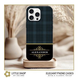 Elegant zwart gouden monogram grijze plaid iPhone 15 case