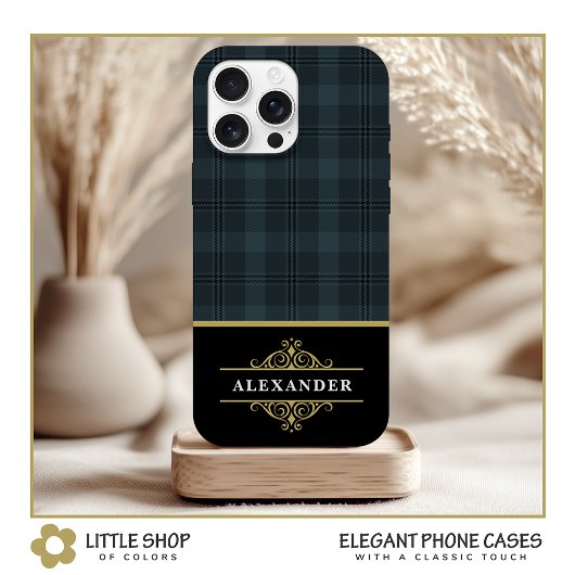Elegant zwart gouden monogram grijze plaid Case-Mate iPhone case