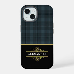 Elegant zwart gouden monogram grijze plaid iPhone 15 case