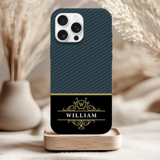 Elegant zwart gouden monogram grijze streep Case-Mate iPhone case