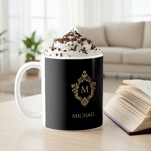 Elegant zwart gouden monogram in  Crest Naam Koffiemok