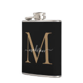 Elegant zwart gouden monogram stijlvol script naam heupfles (Links)