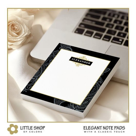 Elegant zwart gouden Paisley Monogram Notitieblok