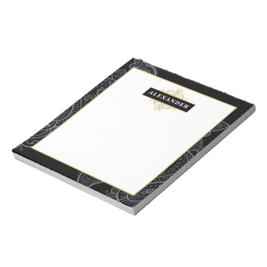 Elegant zwart gouden Paisley  Monogram Notitieblok (Linkerzijde)