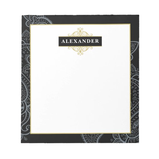 Elegant zwart gouden Paisley  Monogram Notitieblok (Voorkant)