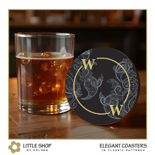 Elegant Zwart Gouden Paisley Monogram Ronde Kartonnen Onderzetter
