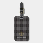 Elegant Zwart Gouden Plaid Tartan Monogram Bagagelabel (Voorkant verticaal)