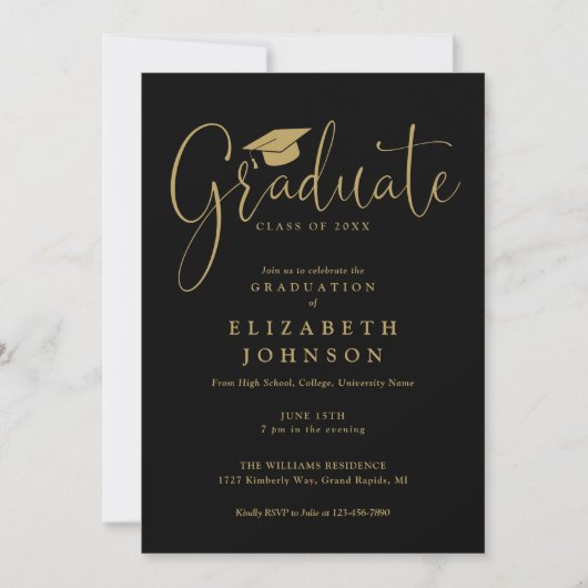 Elegant zwart-gouden script afstudeerfeest kaart (Voorkant)