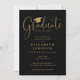 Elegant zwart-gouden script afstudeerfeest kaart
