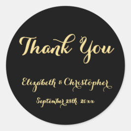 Elegant zwart gouden script bruiloft dank u gunste ronde sticker