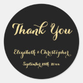 Elegant zwart gouden script bruiloft dank u gunste ronde sticker (Voorkant)