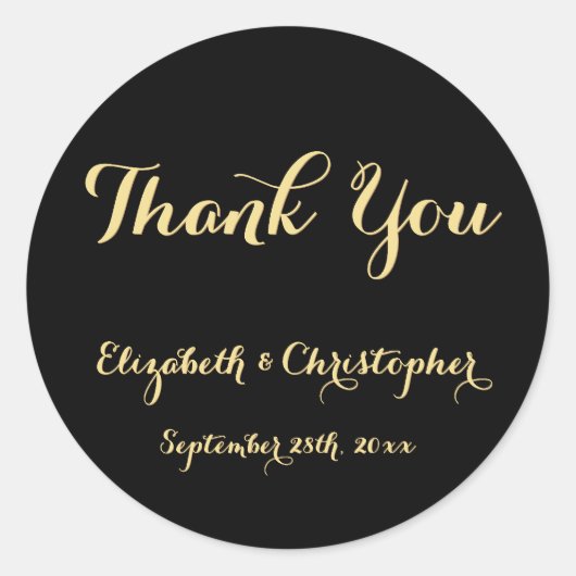 Elegant zwart gouden script bruiloft dank u gunste ronde sticker (Voorkant)